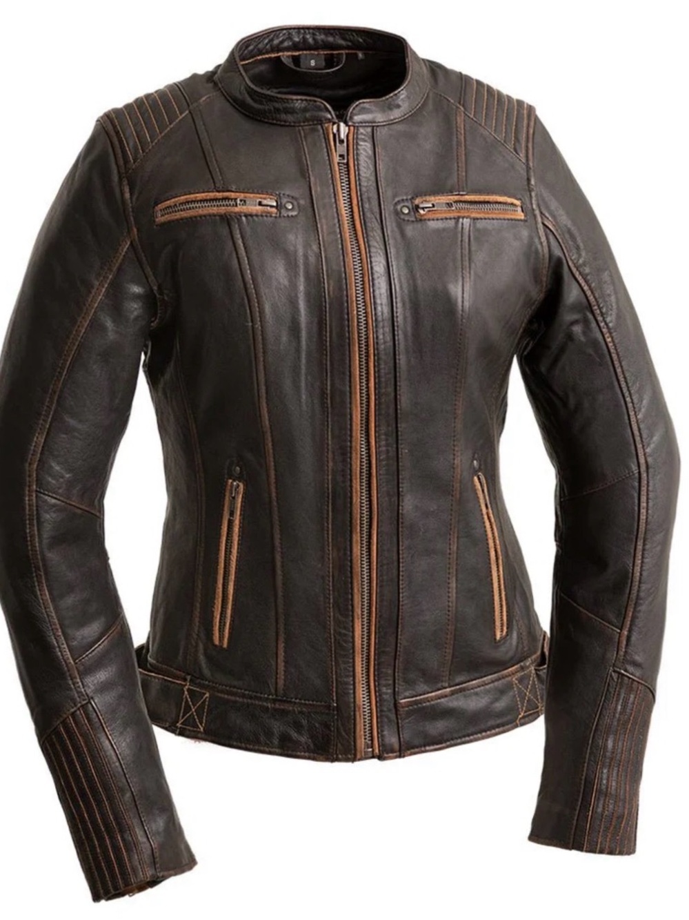 Women's Brown Leather Riding Jacket with Whiskey Stitching